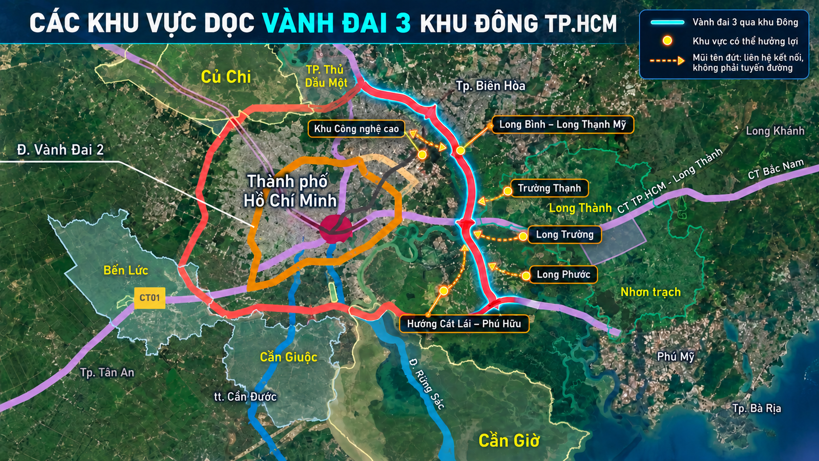 Sơ đồ Vành đai 3 khu Đông TP.HCM đánh dấu Long Bình – Long Thạnh Mỹ, Trường Thạnh, Long Trường, Long Phước, Khu Công nghệ cao và hướng Cát Lái – Phú Hữu