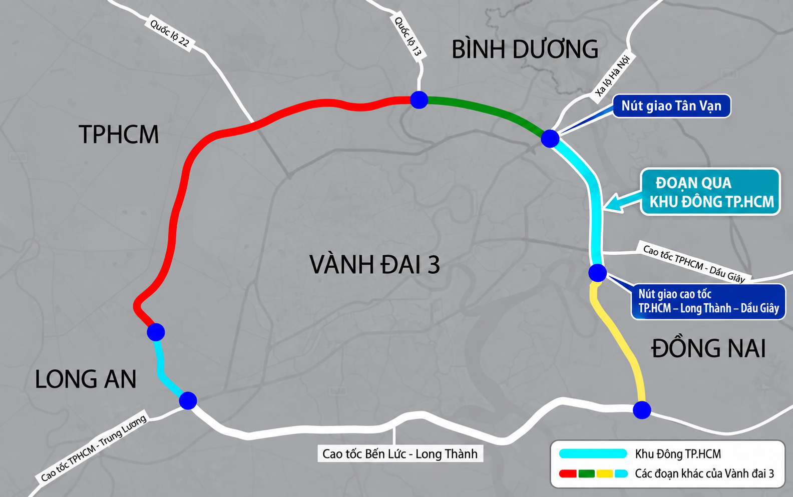 Đoạn Vành đai 3 qua khu Đông TP.HCM được tô màu xanh ngọc trên sơ đồ toàn tuyến, kèm vị trí hai nút giao quan trọng
